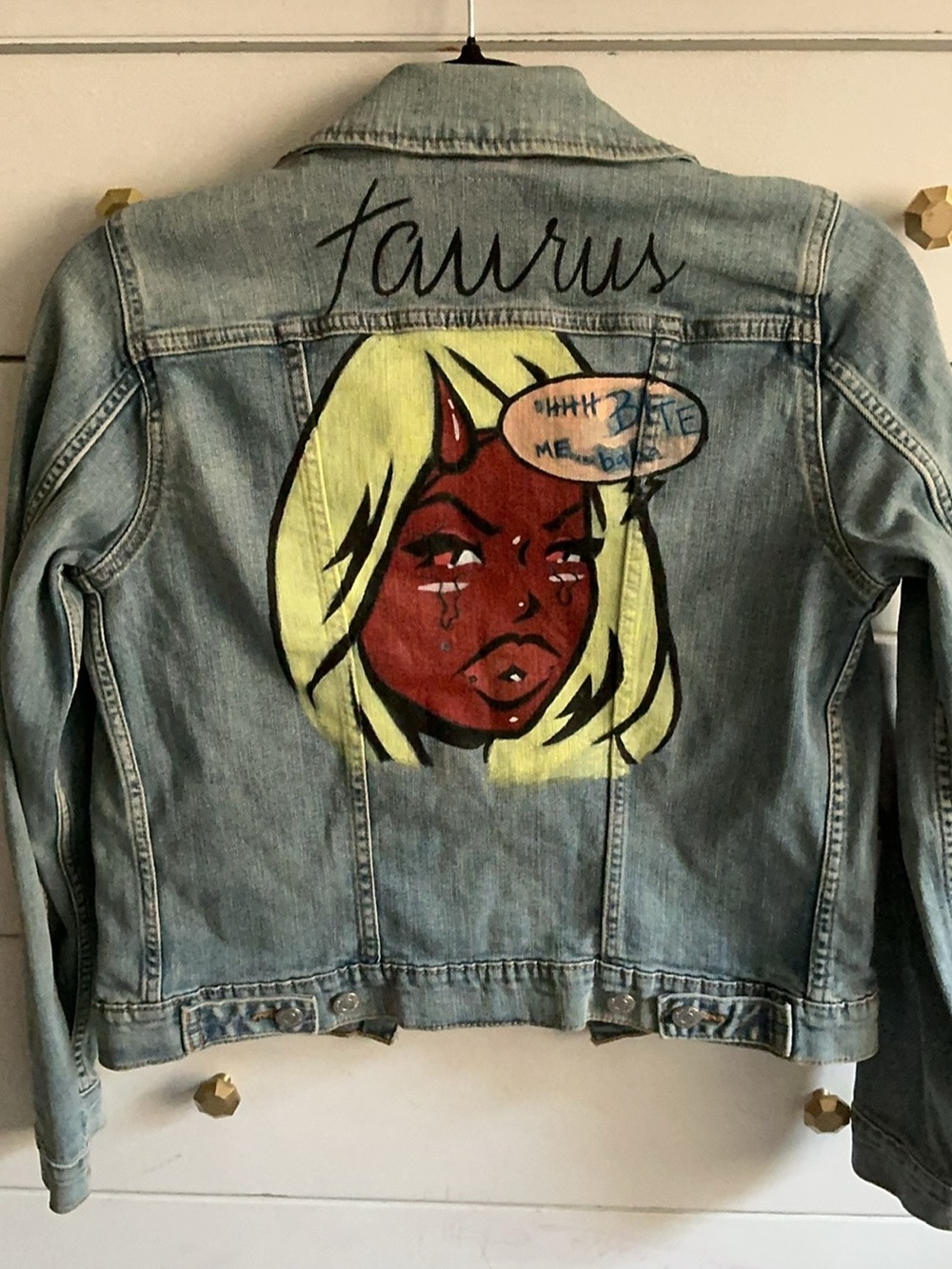 Levi's Light Wash Denim Jacket with Hand-Painted Red Devil Graphic